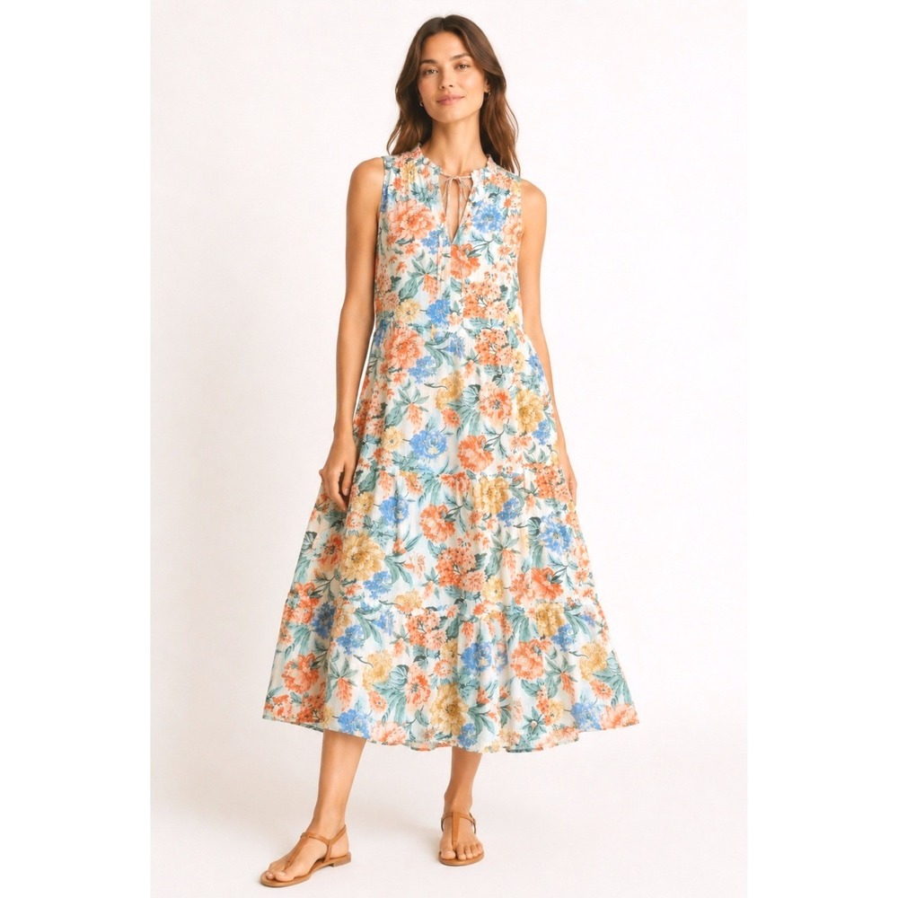 LOFT Womens Floral Midi Dress XS Orange Blue Tiered Sleeveless Fall Boho Chic